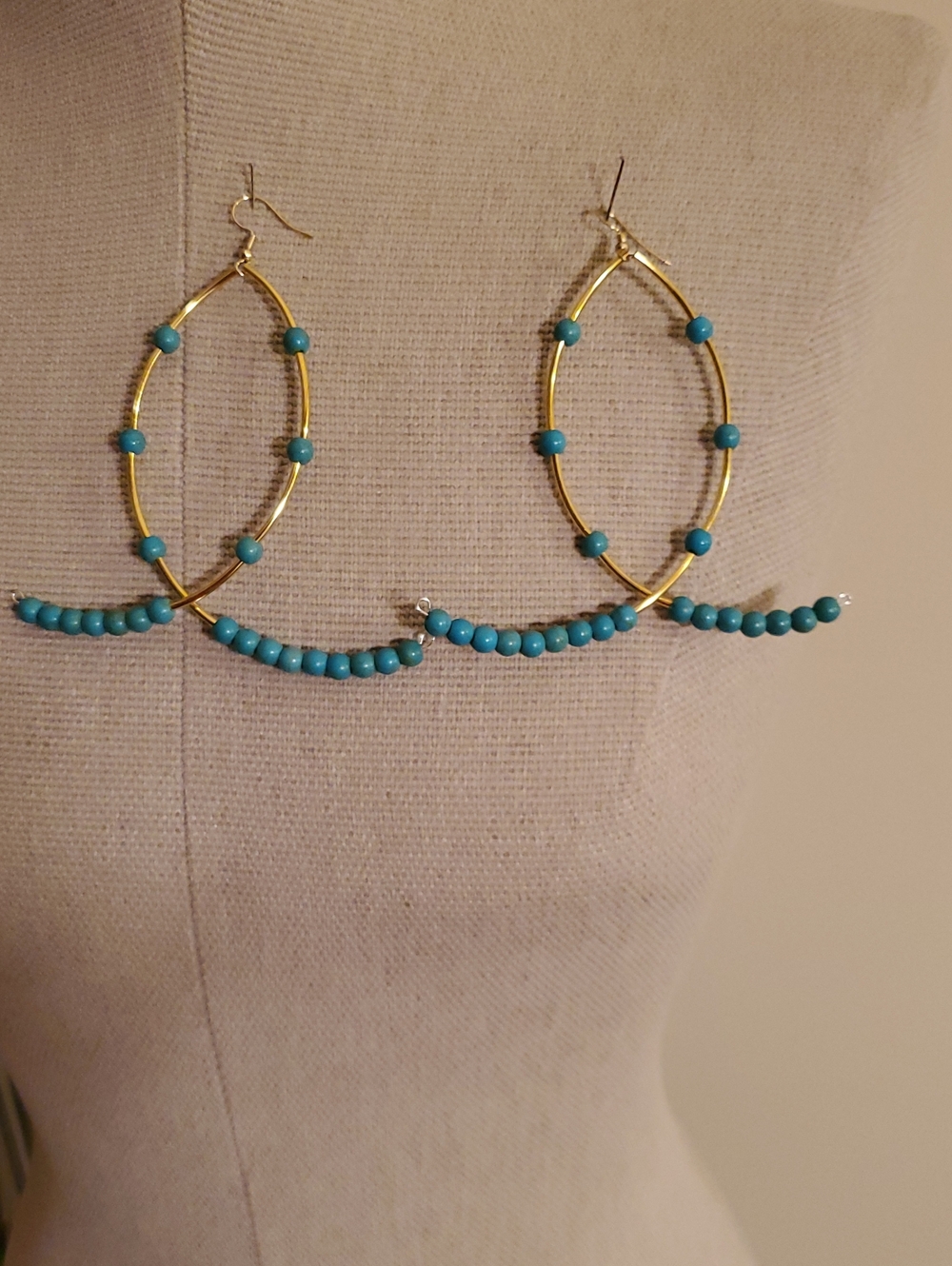 Handcrafted Turquoise Beaded Gold Hoop Drop Earrings - Women Jewelry